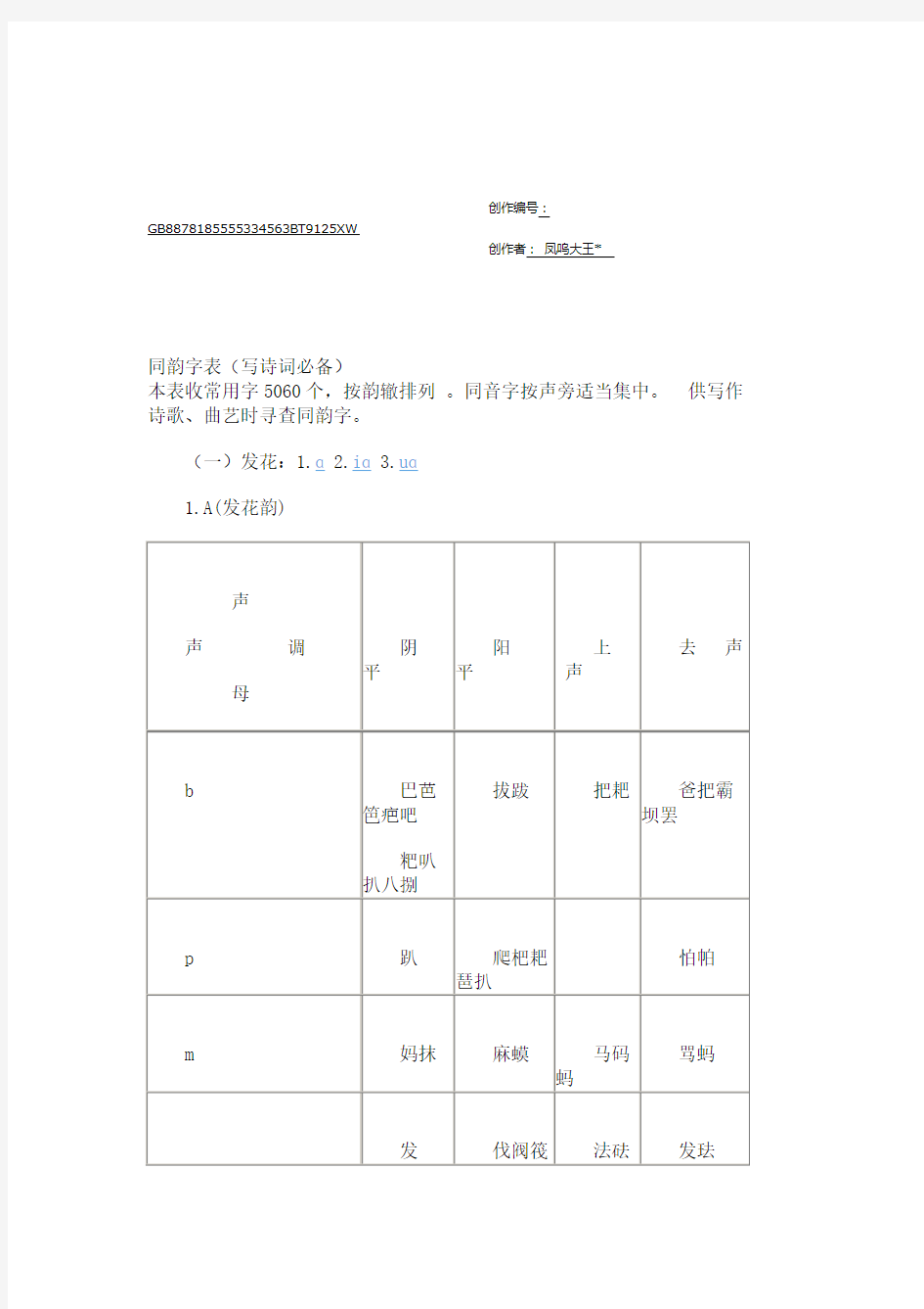 同韵字表(写诗词必备)