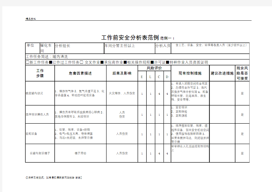 工作前安全分析表范例培训资料