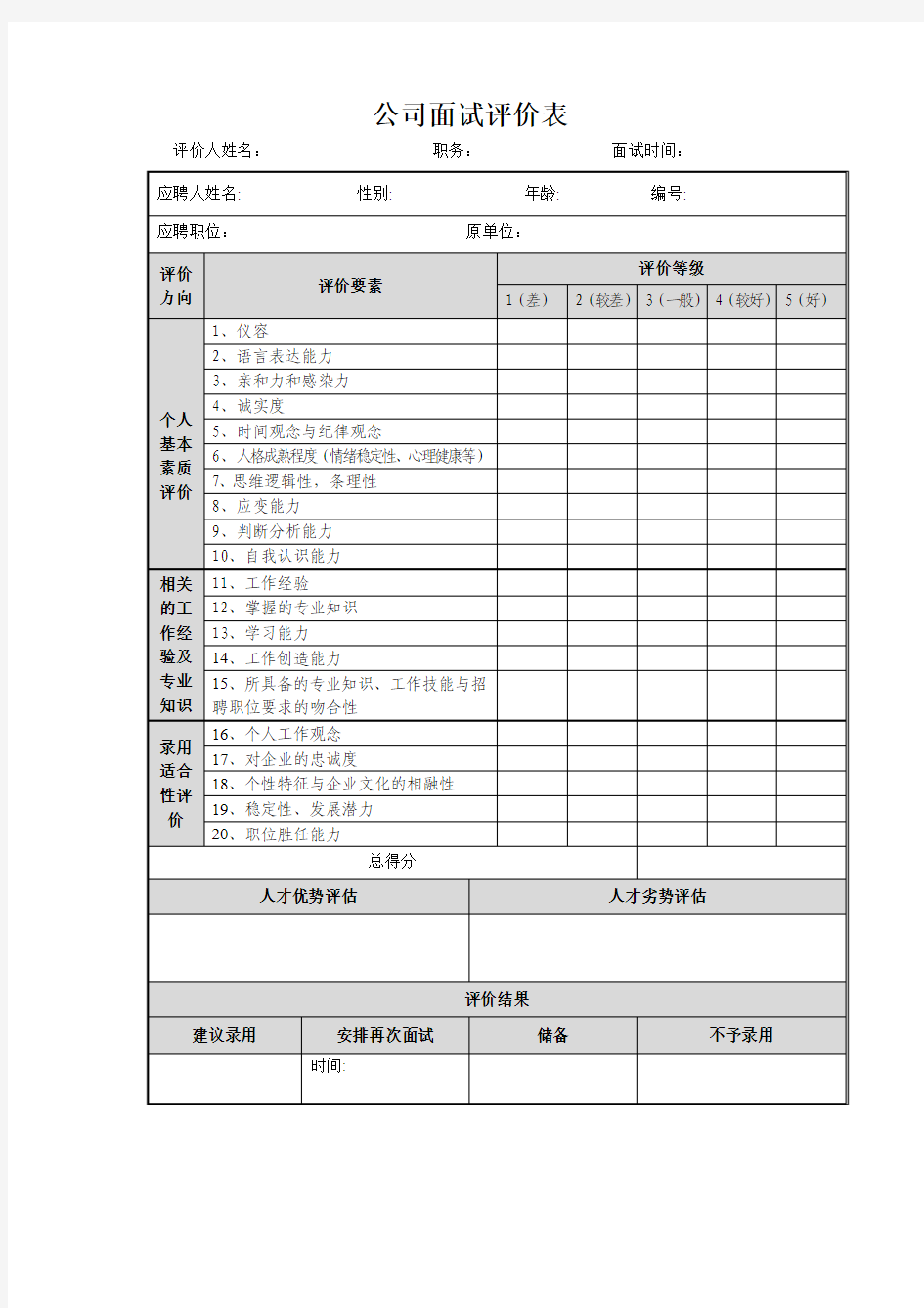 公司面试评价表