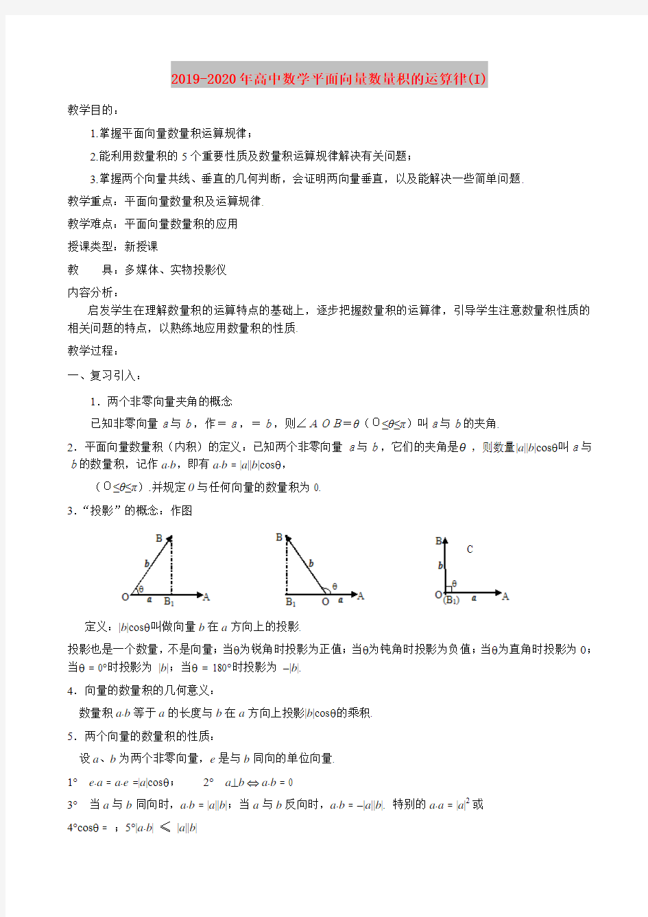 2019-2020年高中数学平面向量数量积的运算律(I)