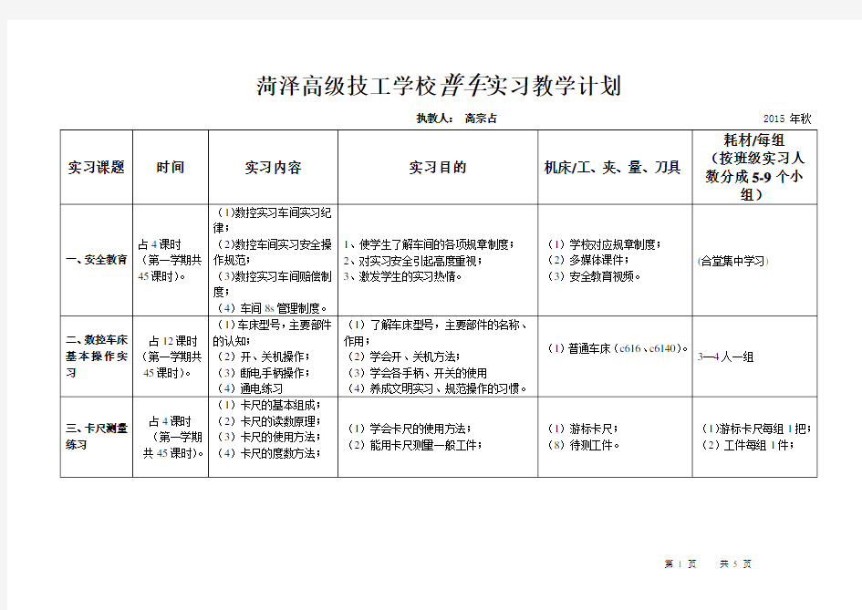 (完整word版)普通车床实习教学计划2015(就业班)