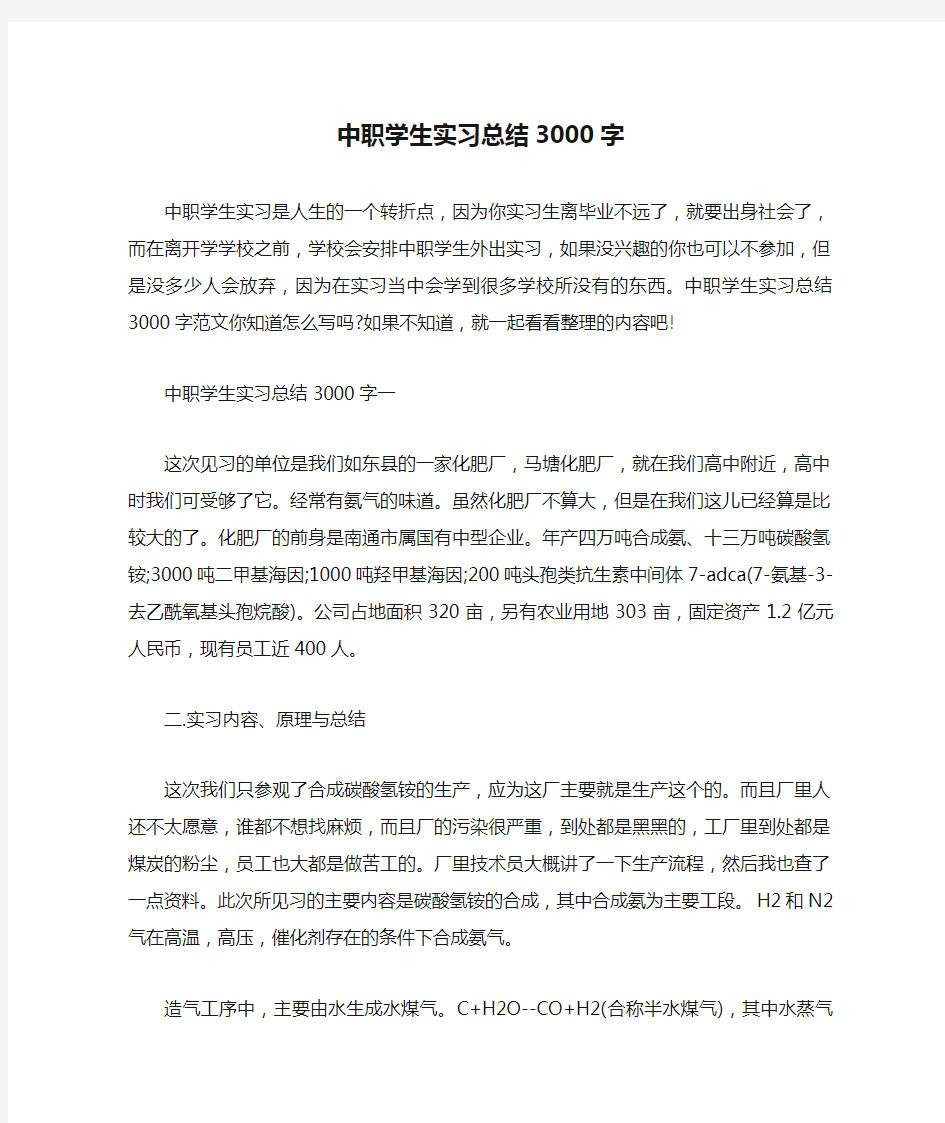 中职学生实习总结3000字