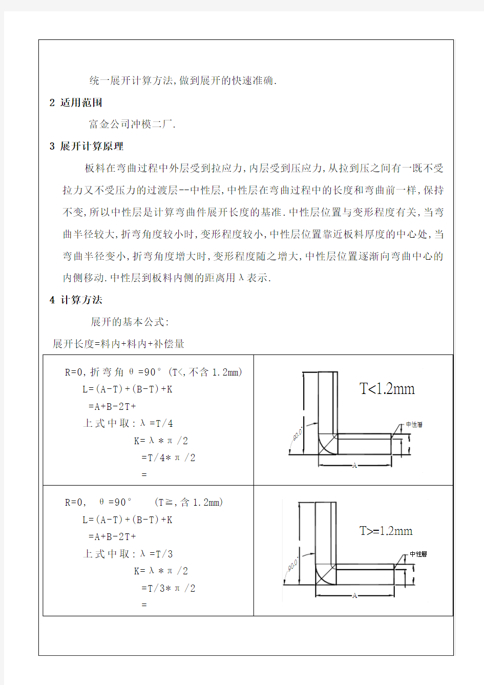 钣金产品展开计算标准