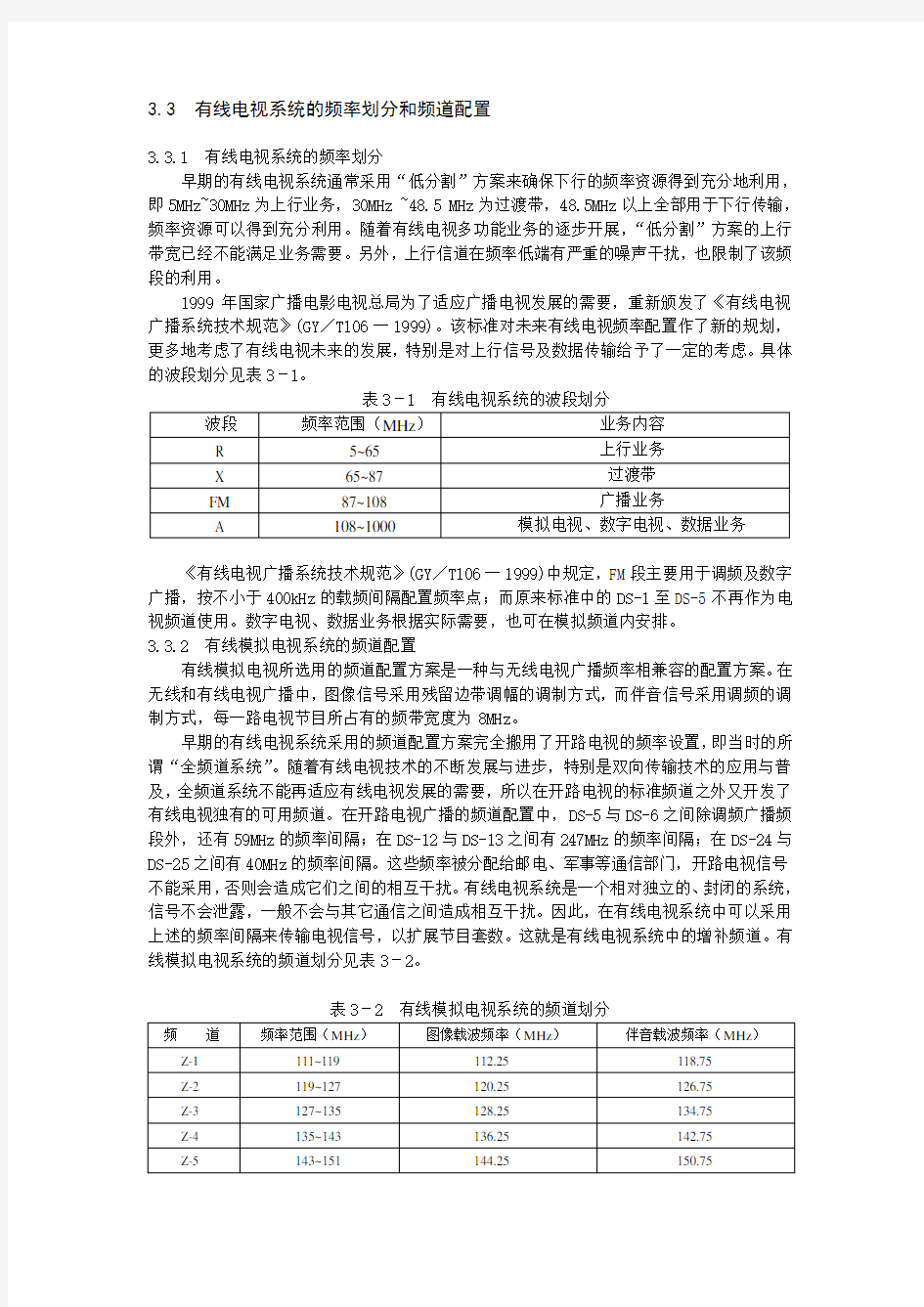 有线电视系统的频率划分和频道配置