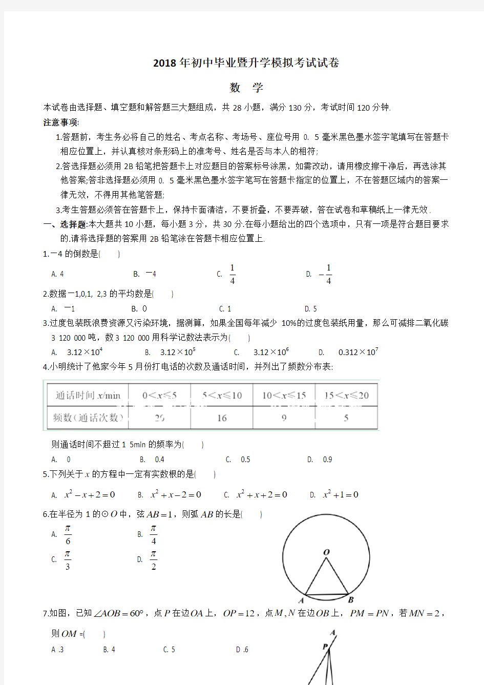 江苏省苏州市重点学校2018年中考数学一模试题及答案