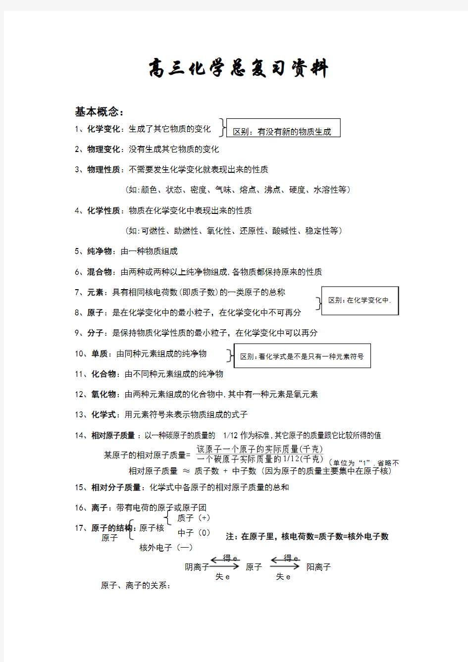 高三化学复习知识点总结