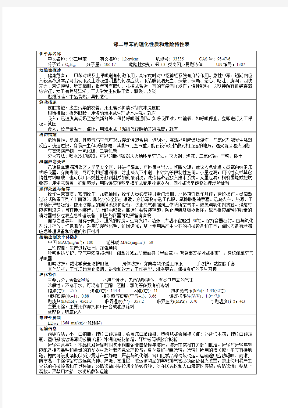 邻二甲苯的理化性质和危险特性表