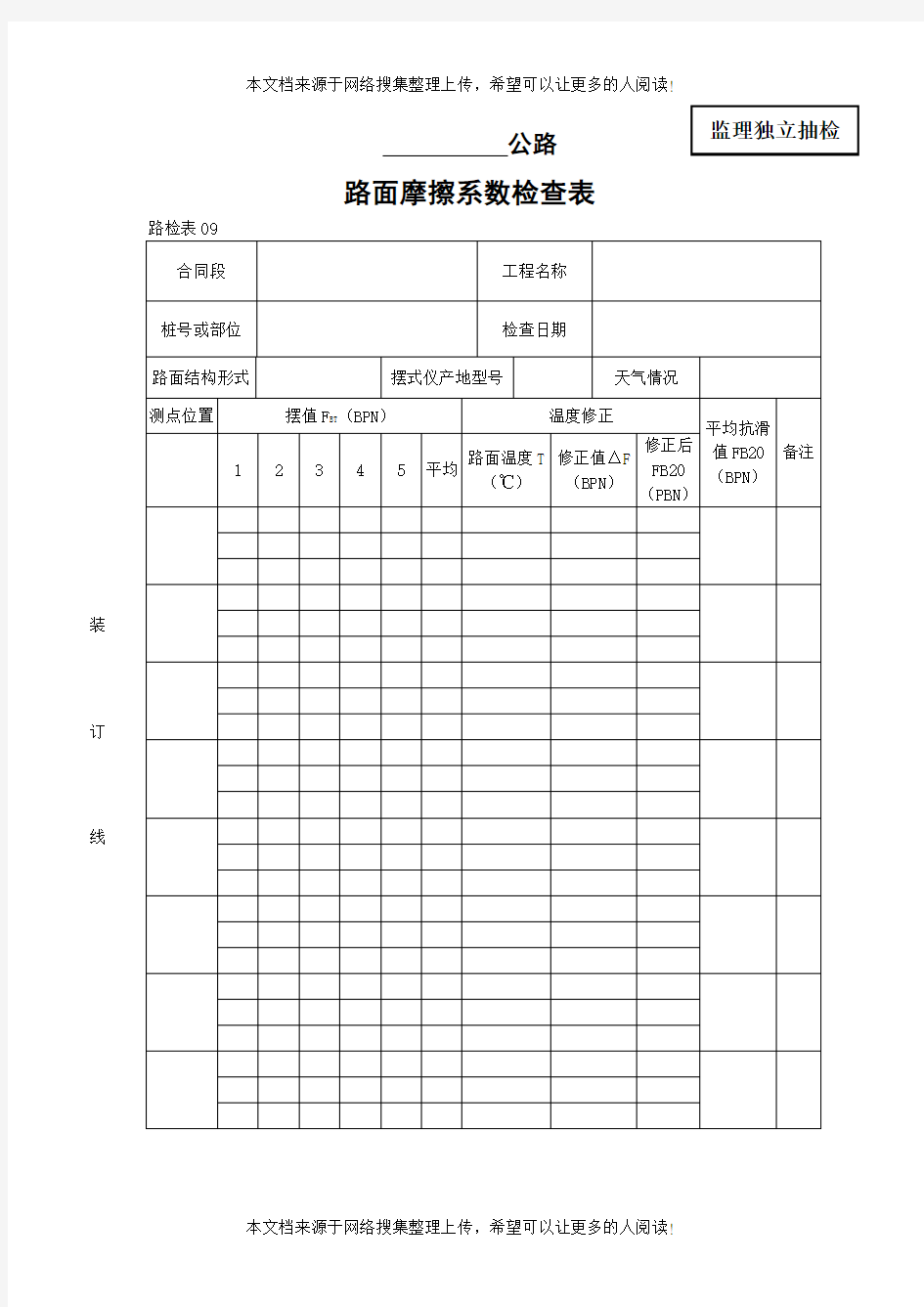 路面摩擦系数检查表