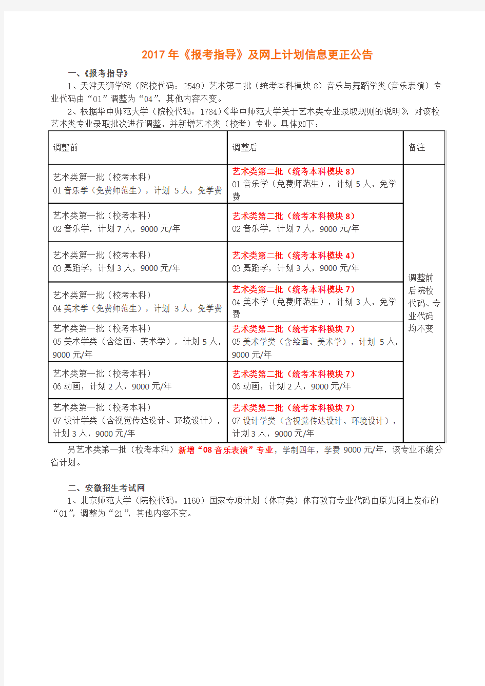 2017年《报考指导》及网上计划信息更正公告