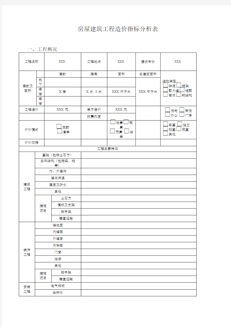 房屋建筑工程造价指标分析表