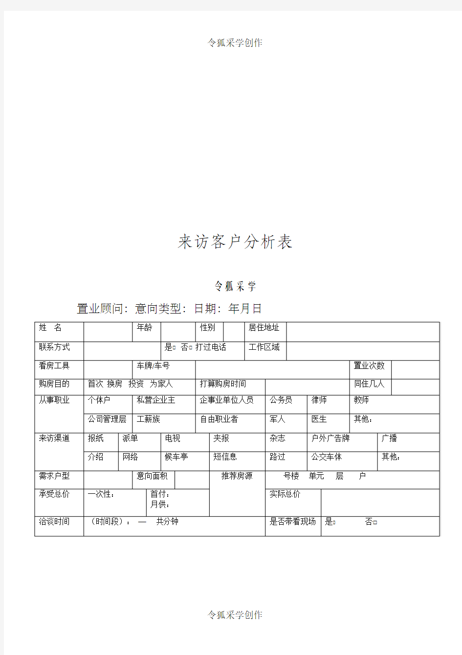 房地产来访客户分析表