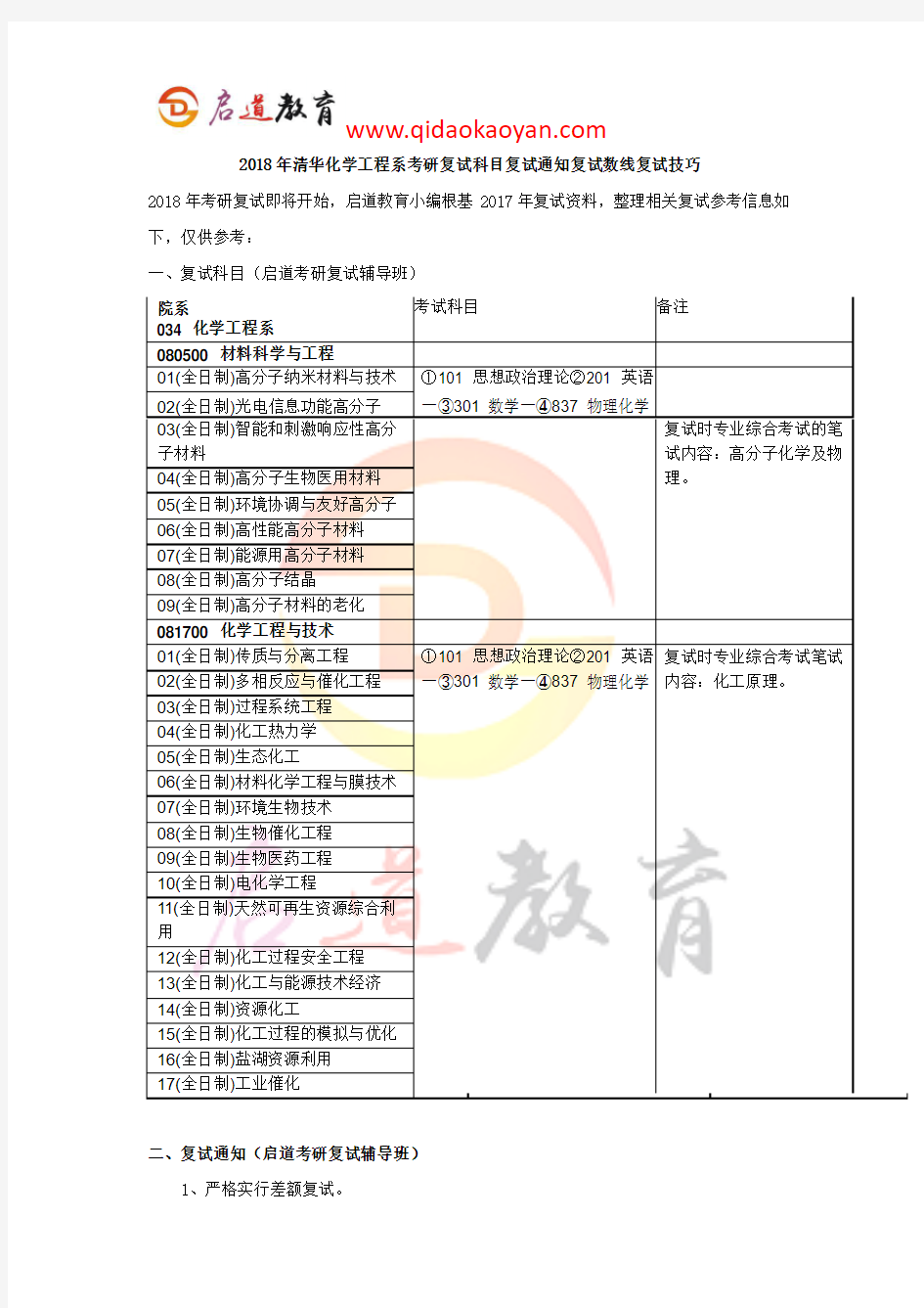 2018年清华化学工程系考研复试科目复试通知复试数线复试技巧