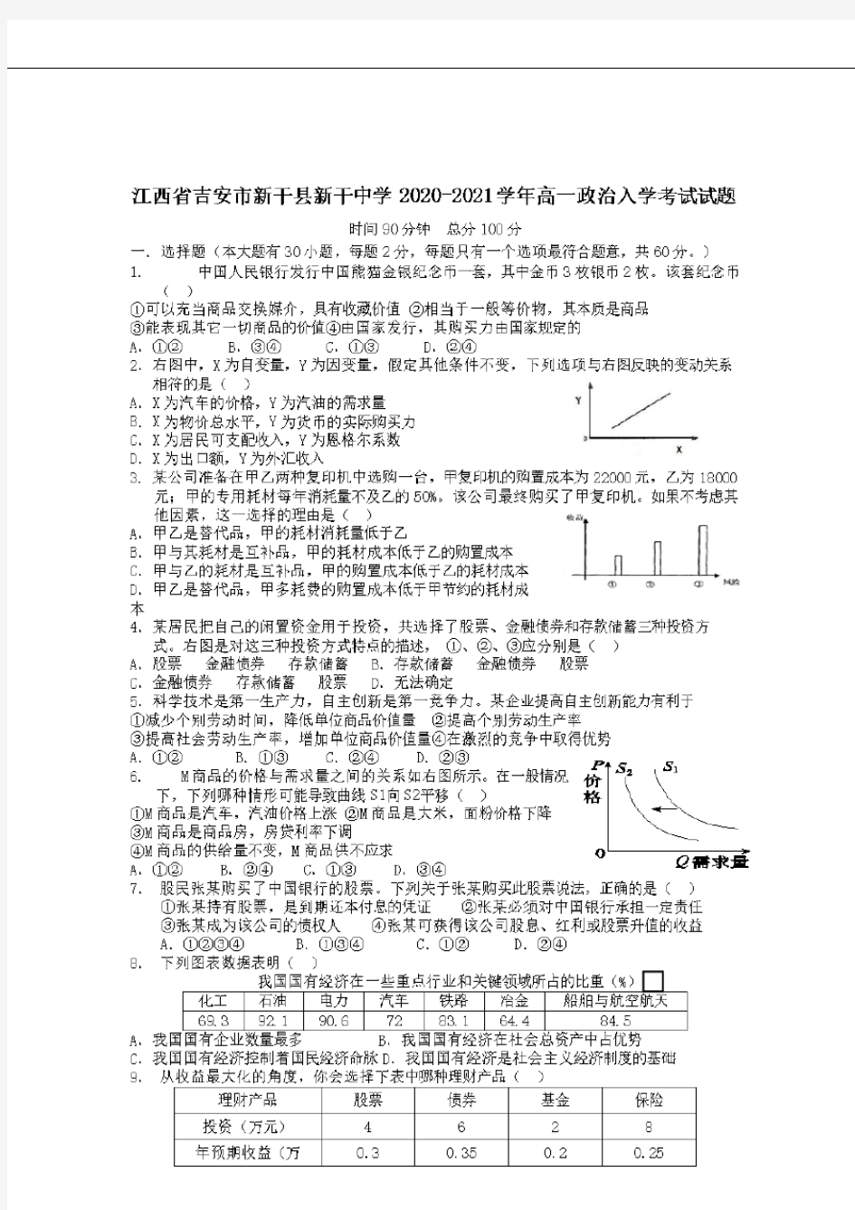 江西省吉安市新干县新干中学2020-2021学年高一政治入学考试试题 【含答案】