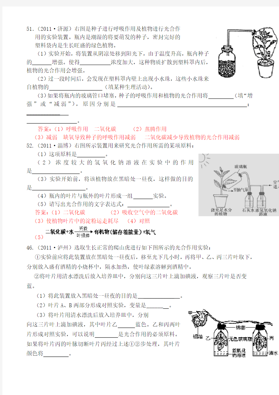 光合作用与呼吸作用中考复习练习题