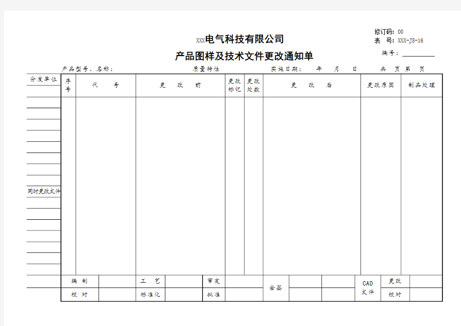 产品图样及技术文件更改通知单