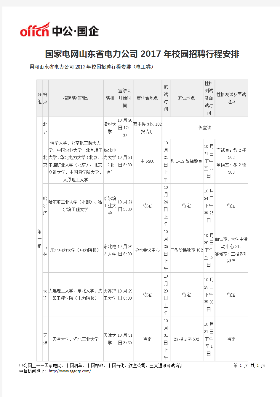 国家电网山东省电力公司2017年校园招聘行程安排