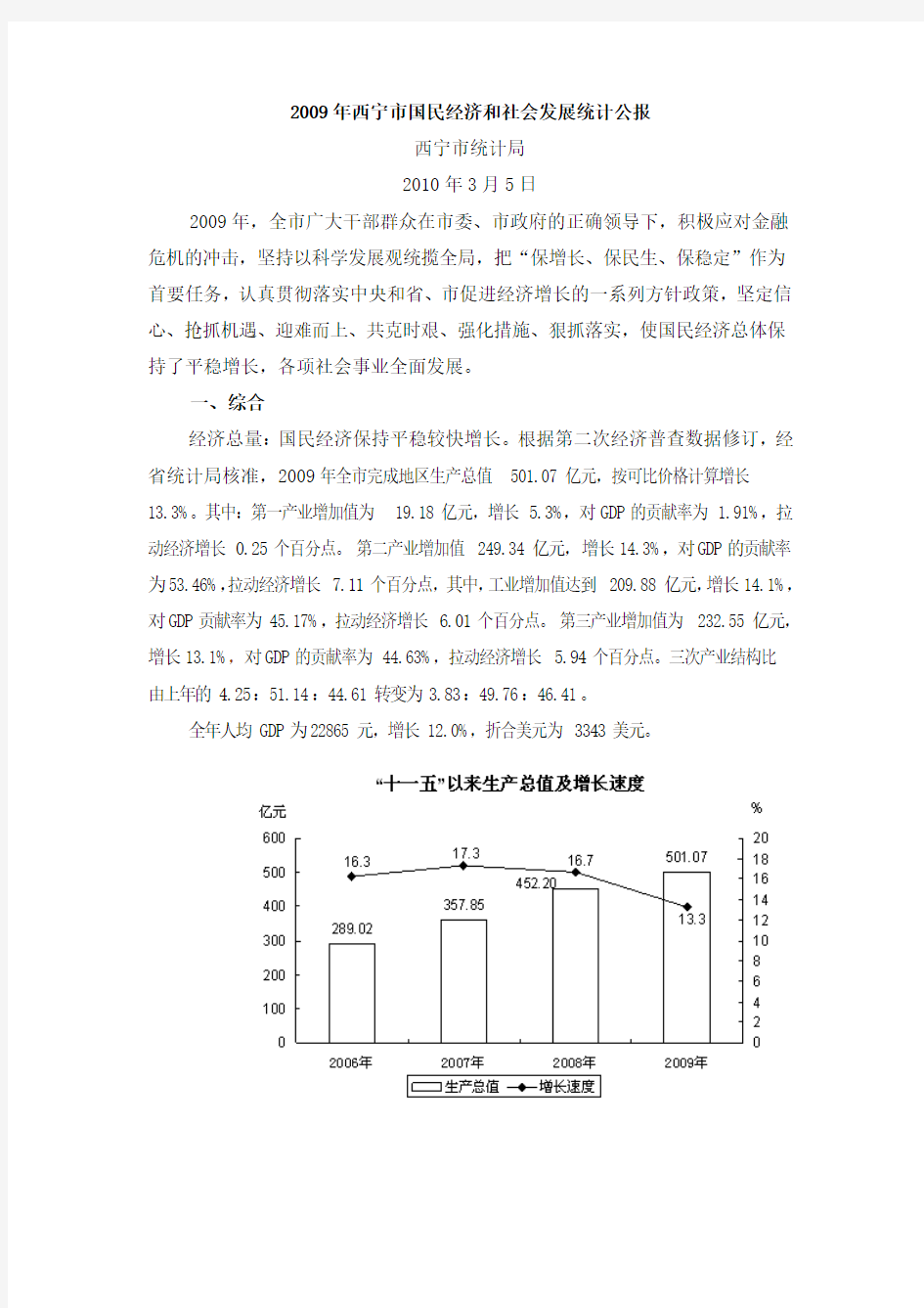 2009年西宁市国民经济和社会发展统计公报