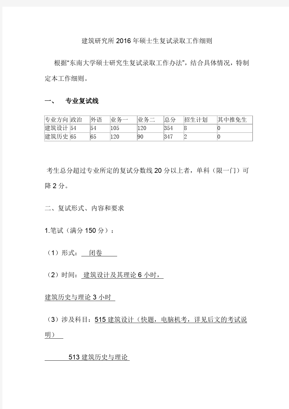 东南大学建筑研究所2016年硕士生复试录取工作细则