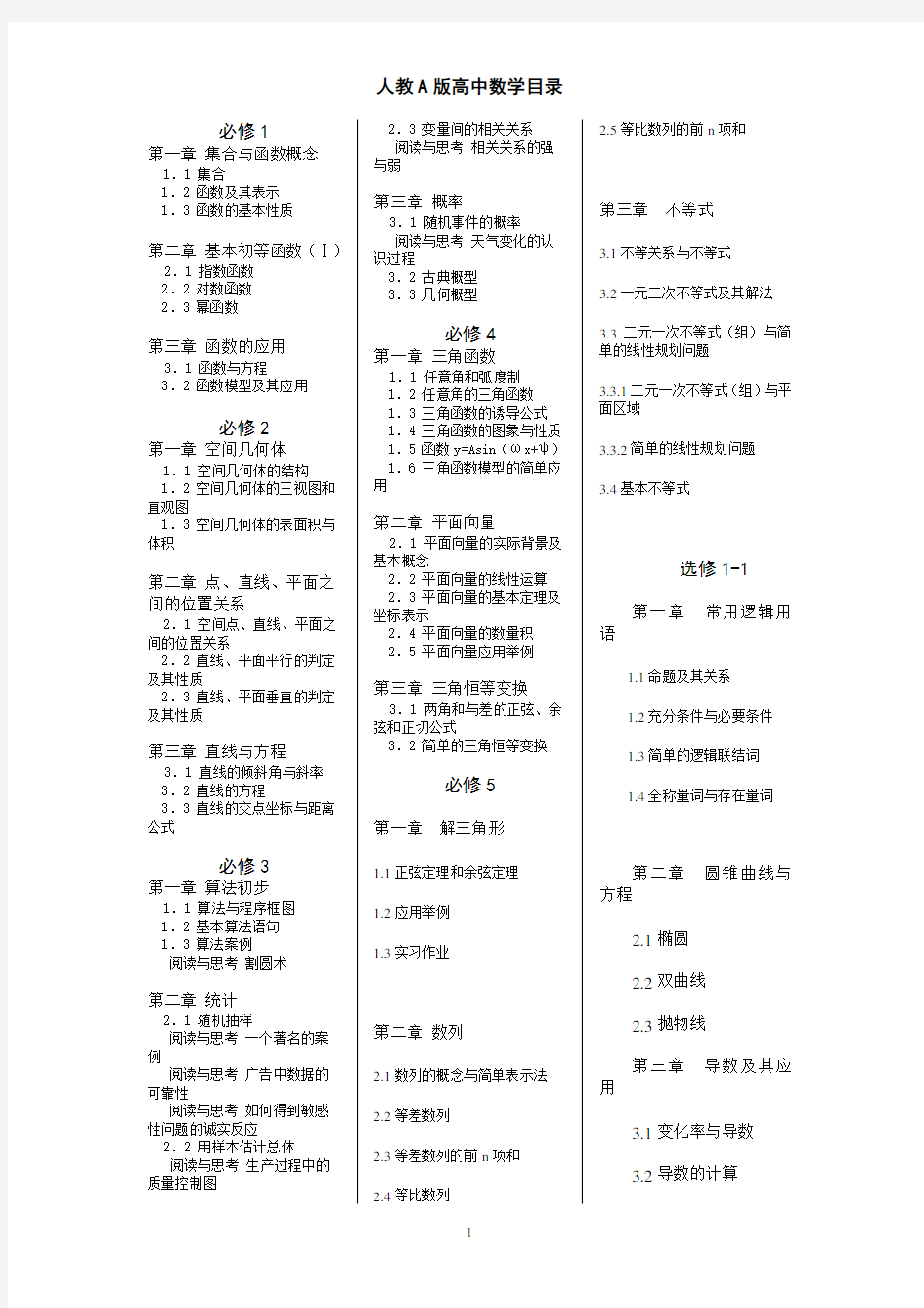 人教A版高中数学教材目录(全)