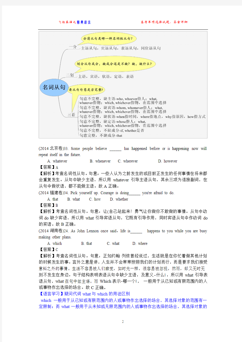 十年高考(2004-2014)英语试题分类解析 名词性从句