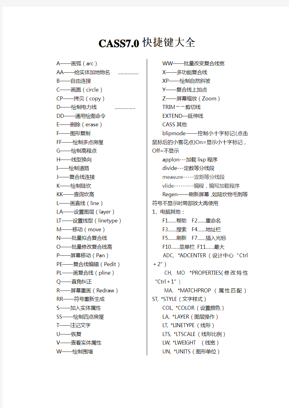 CAd+cass7.0快捷键命令大全