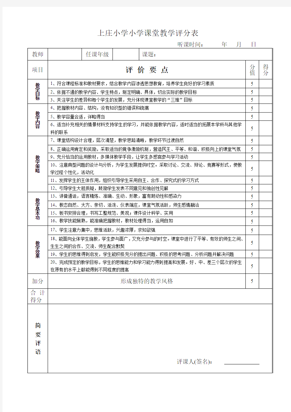 凉州区中小学课堂教学评分表