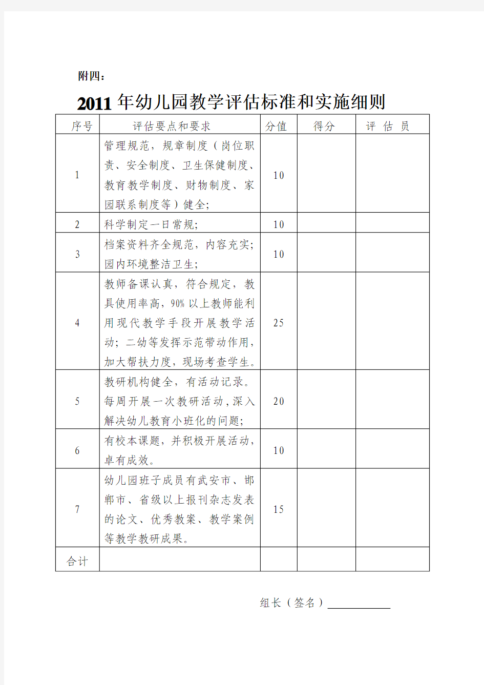 幼儿园教学评估考核表