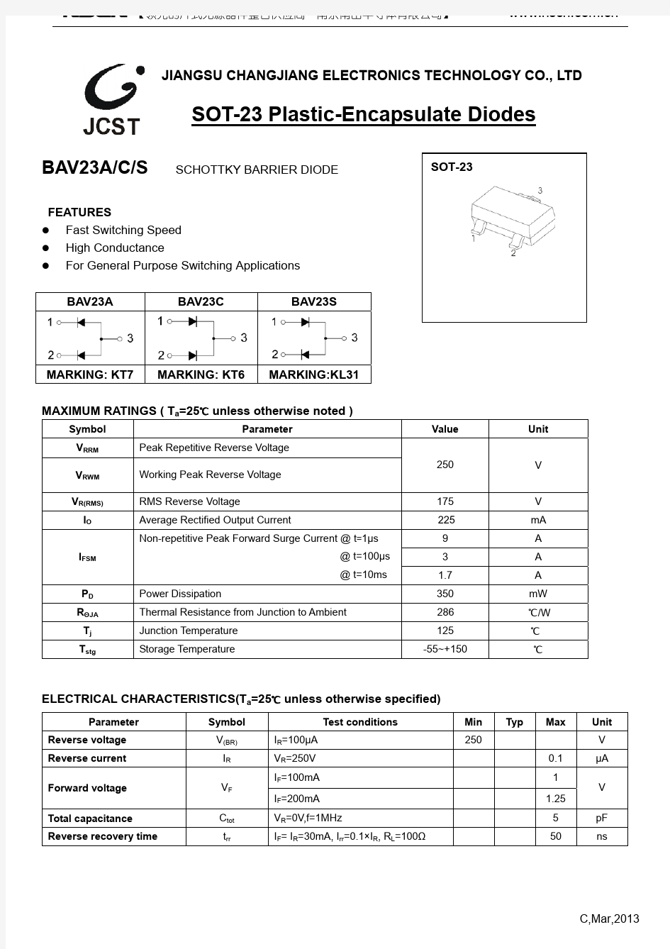 KT7肖特基二极管选型手册 BAV23A