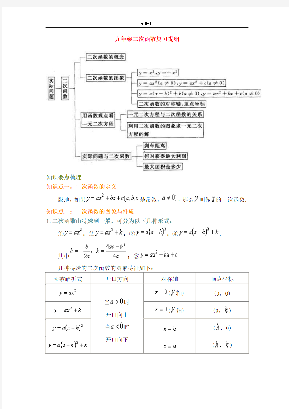 人教版九年级数学二次函数复习