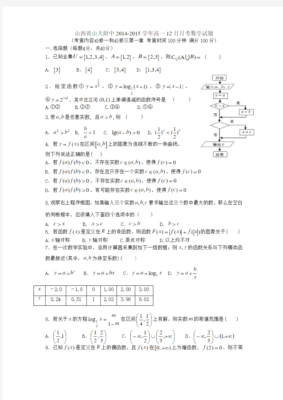 山西省山大附中2014-2015学年高一12月月考数学试题