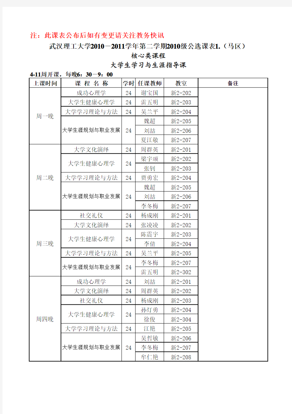 武汉理工大学公选课课表2010-11(2)