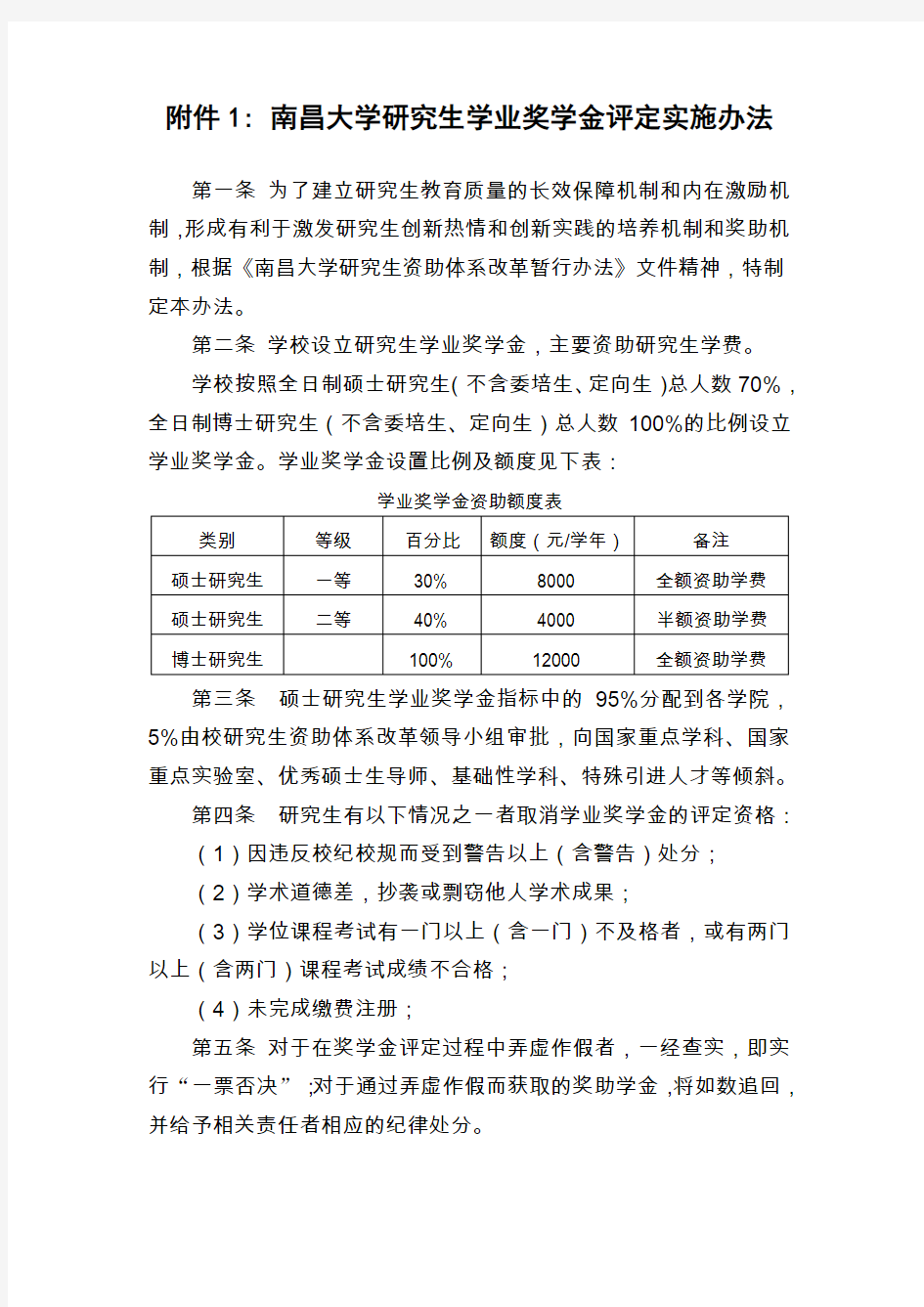 南昌大学研究生学业奖学金评定实施办法