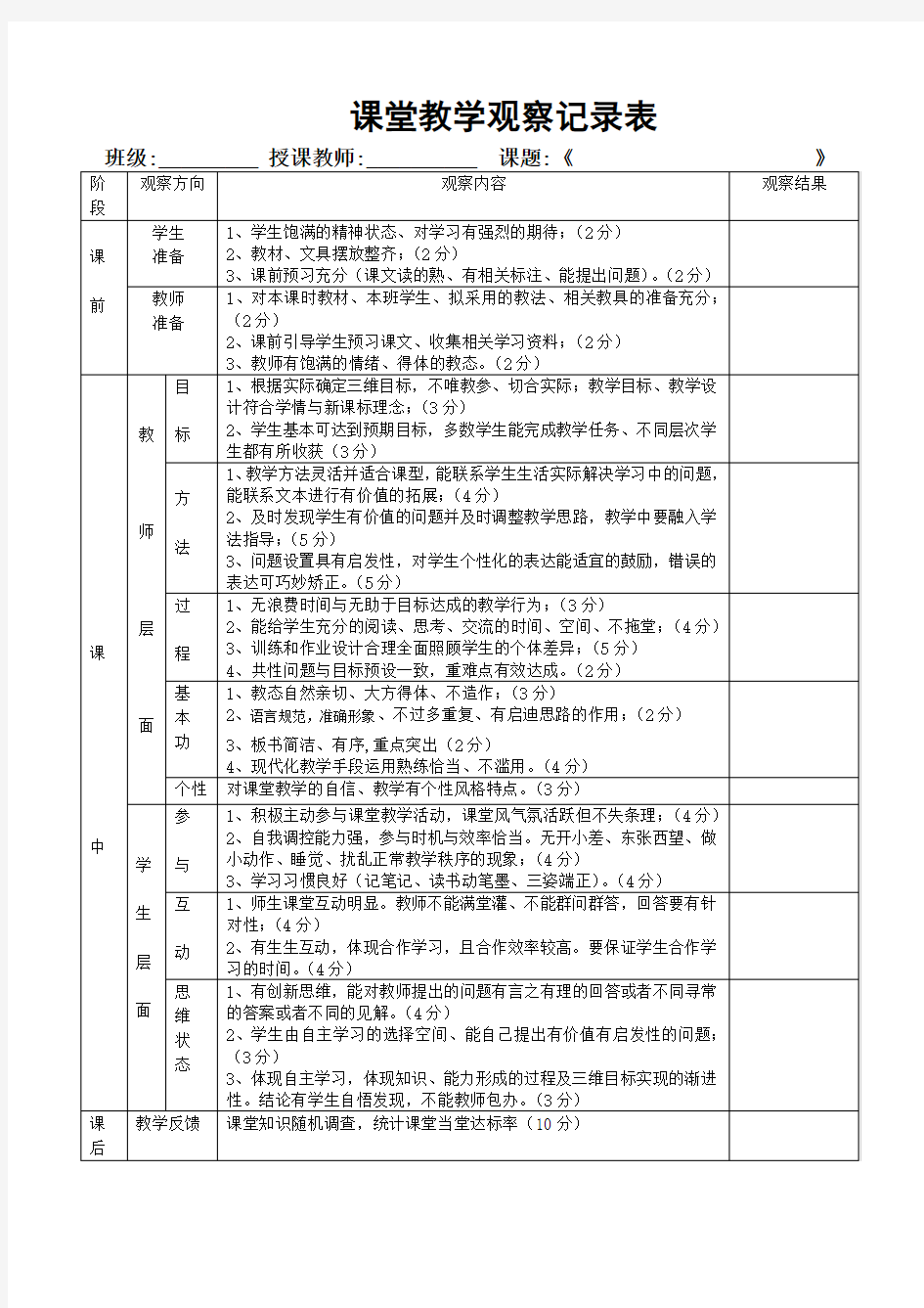 小学语文学科课堂观察记录表