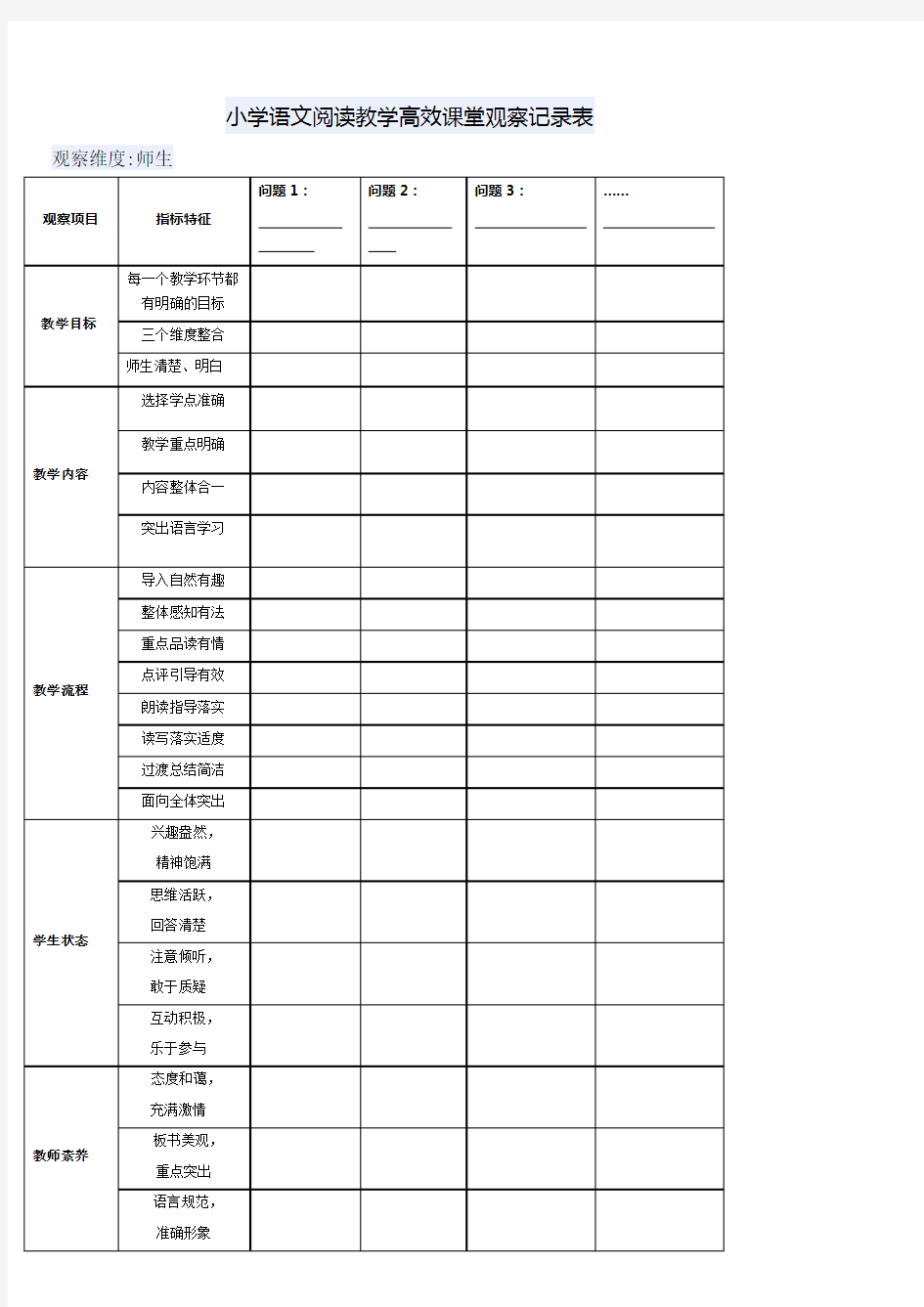 小学语文学科课堂观察记录表