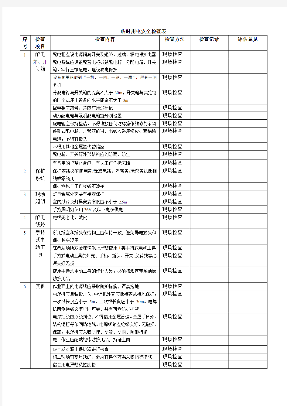 临时用电安全检查表