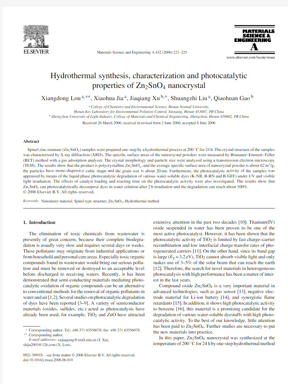 Hydrothermal synthesis, characterization and photocatalytic properties of Zn2SnO4 nanocrystal