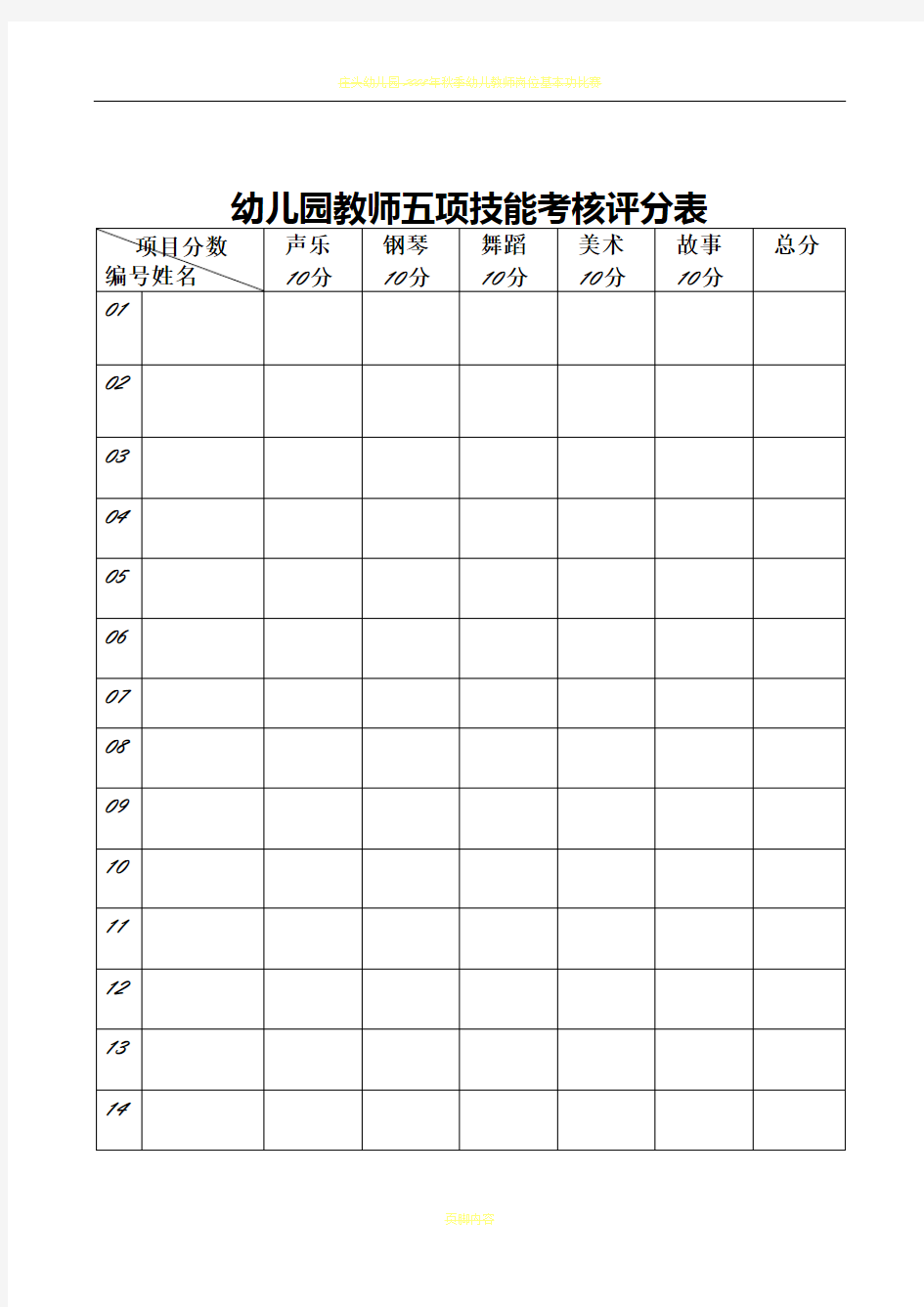 幼儿园教师五项技能考核评分表