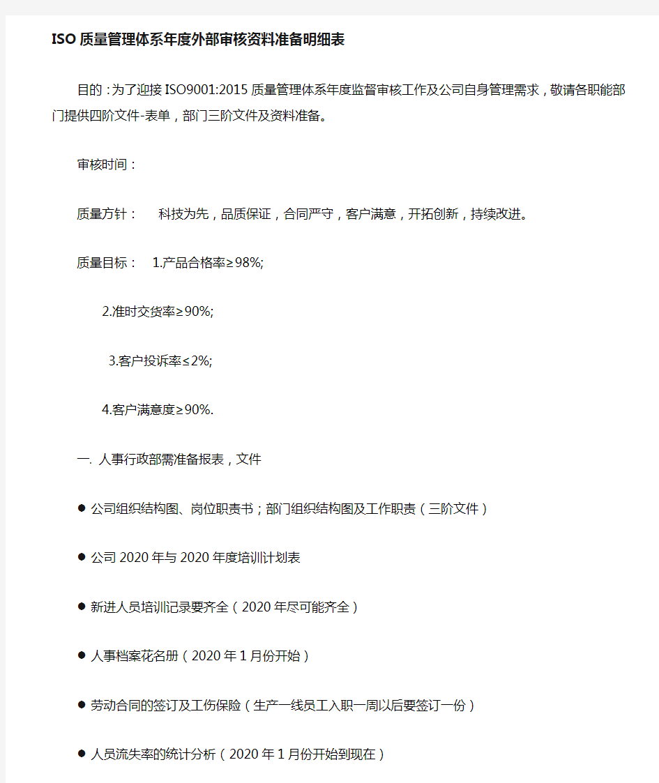 ISO9001-2015质量管理体系外审各部门准备资料文件