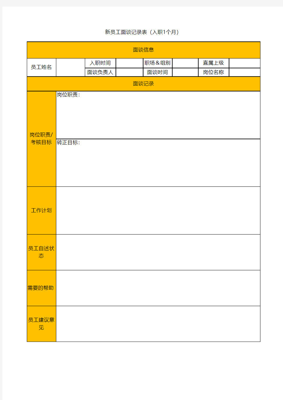 新员工面谈记录表(1个月)