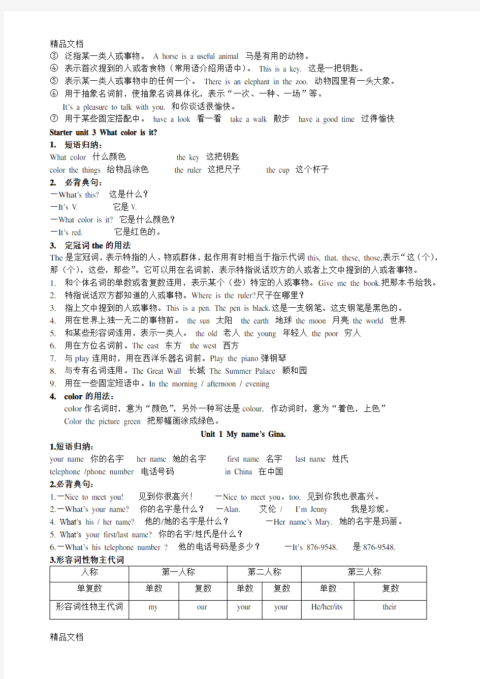 最新人教版七年级英语上册知识点复习提纲