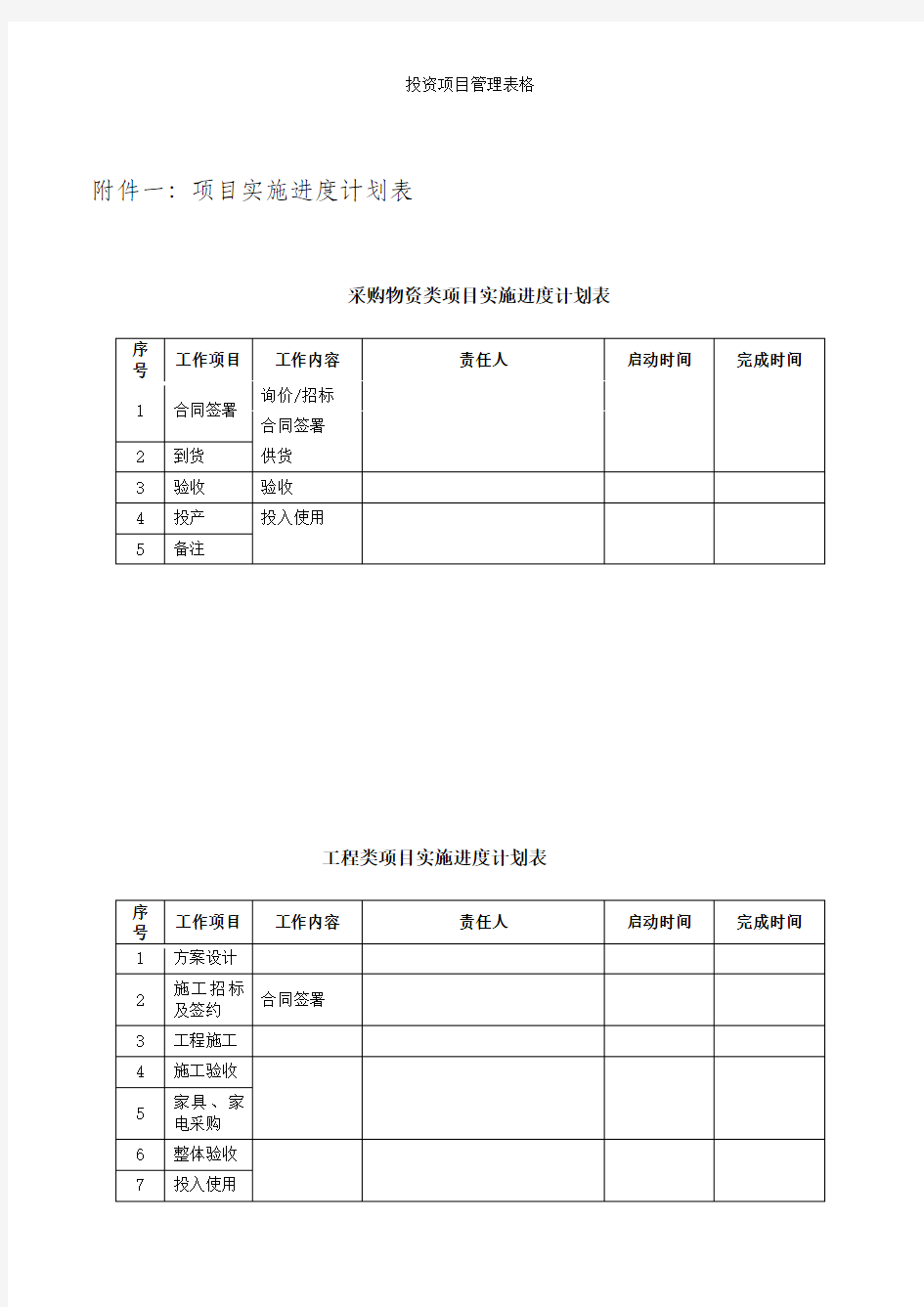 投资项目管理表格