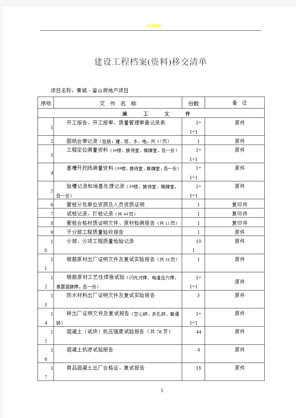 建设工程资料移交清单