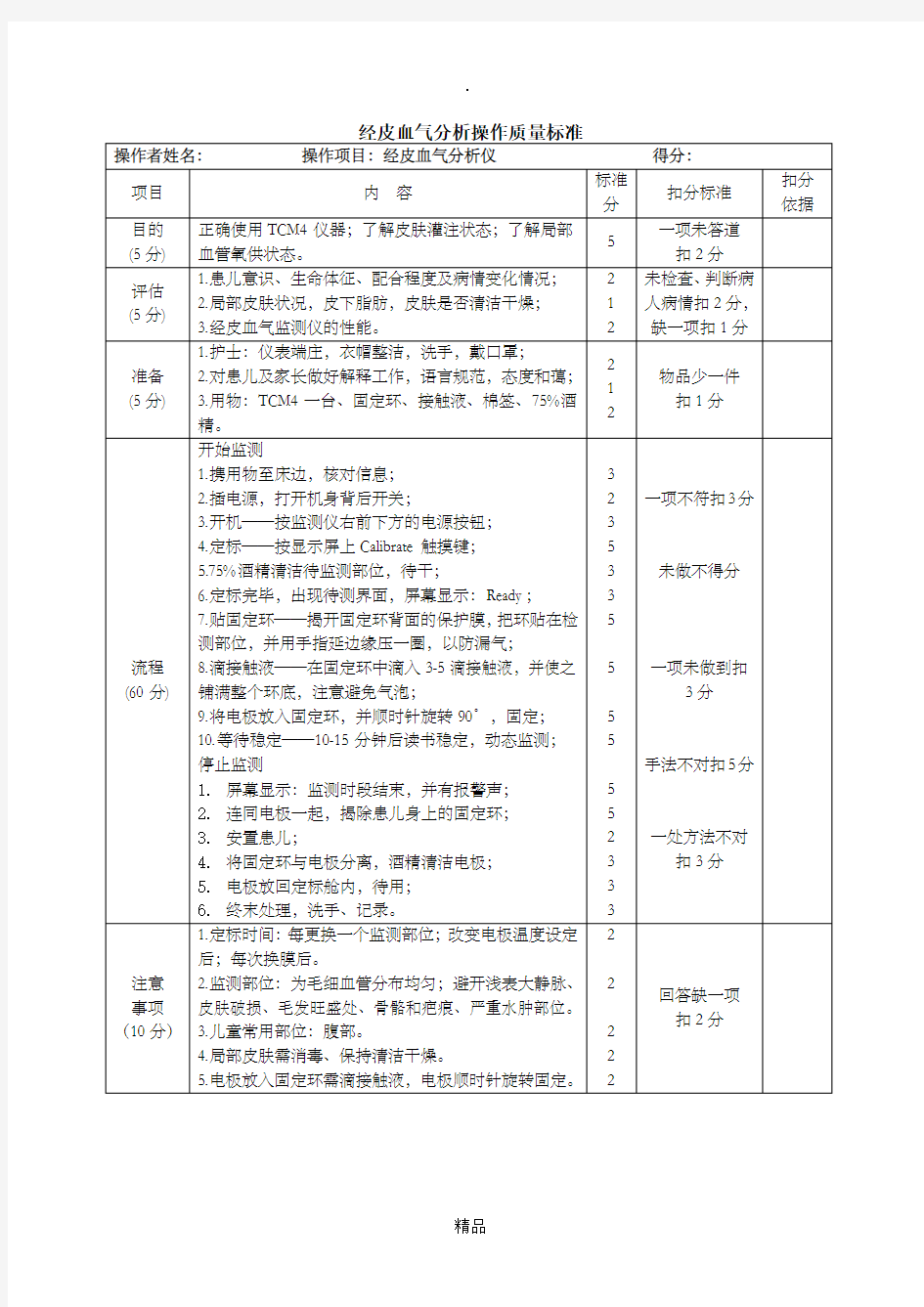 经皮血气分析操作质量标准