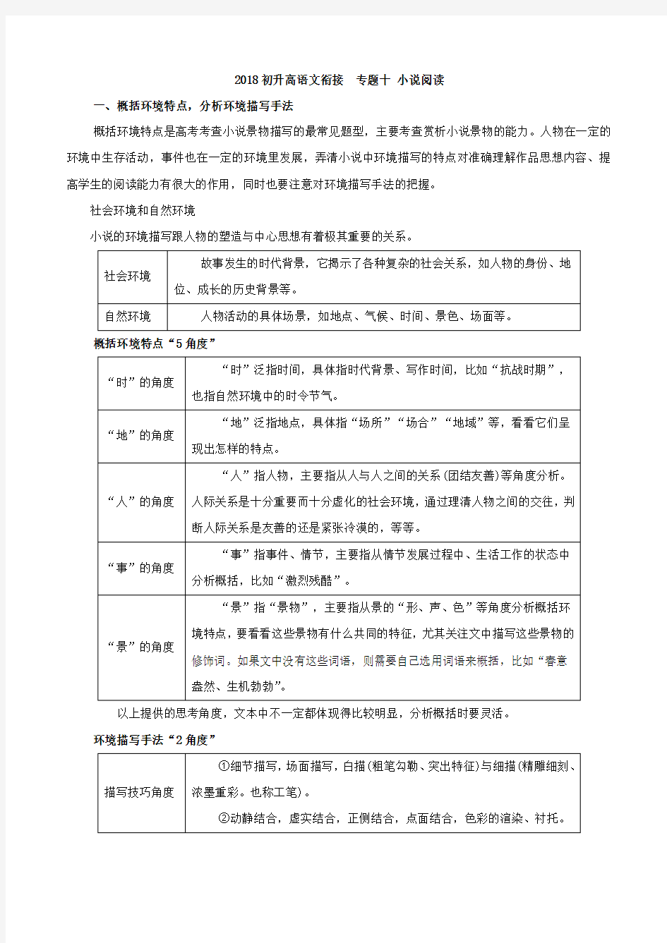 2018版初升高语文衔接校本教材：专题10-小说阅读(含答案)