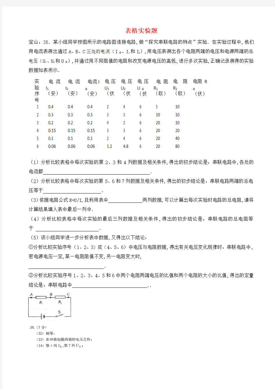 上海市中考物理汇编-表格实验题