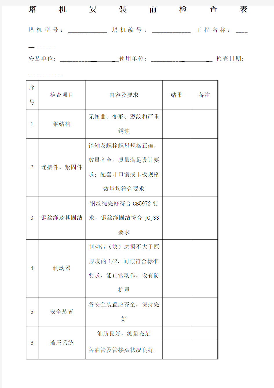 塔吊安装前检查表安装自检表、基础验收报告