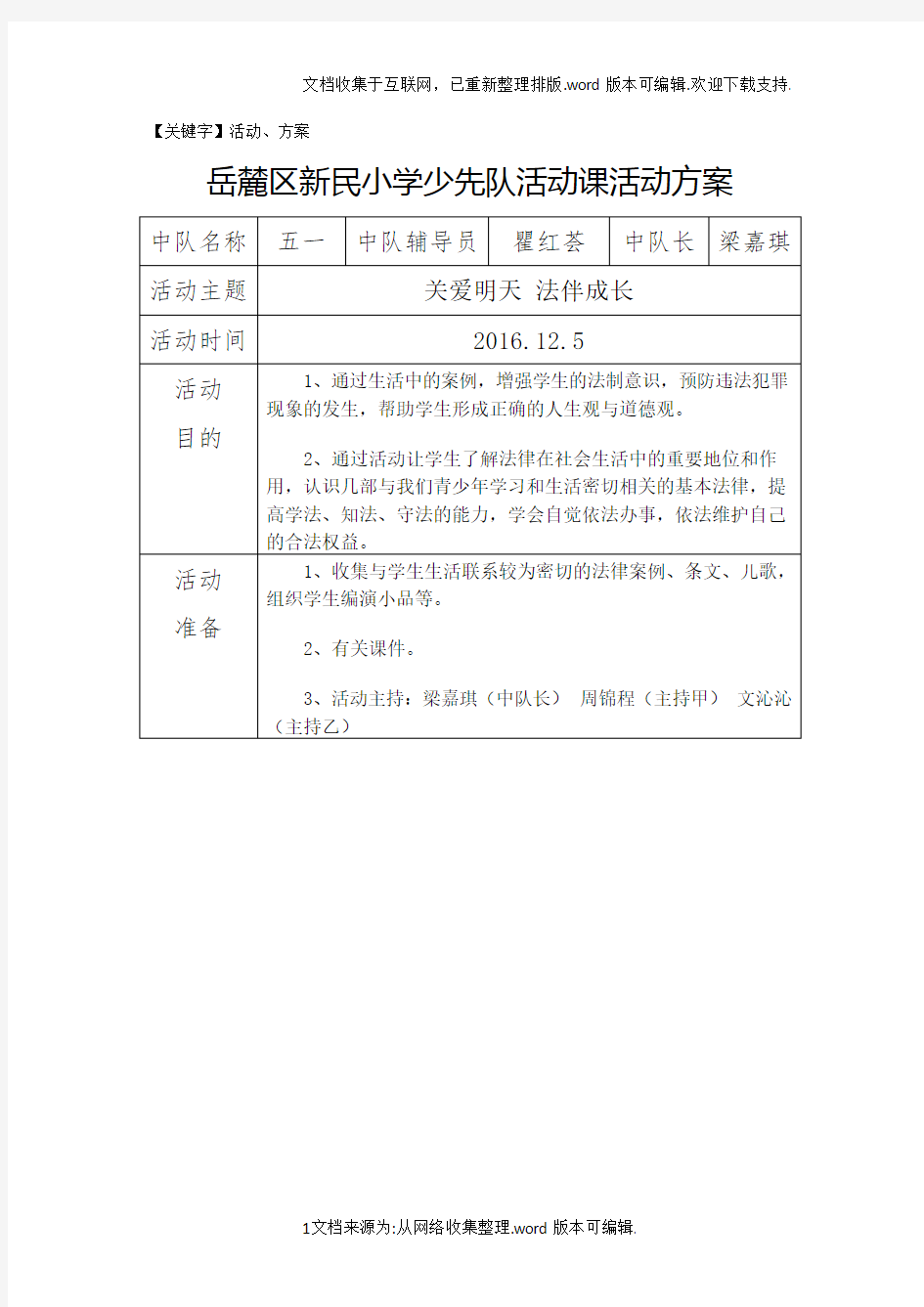 少先队活动课活动方案精品