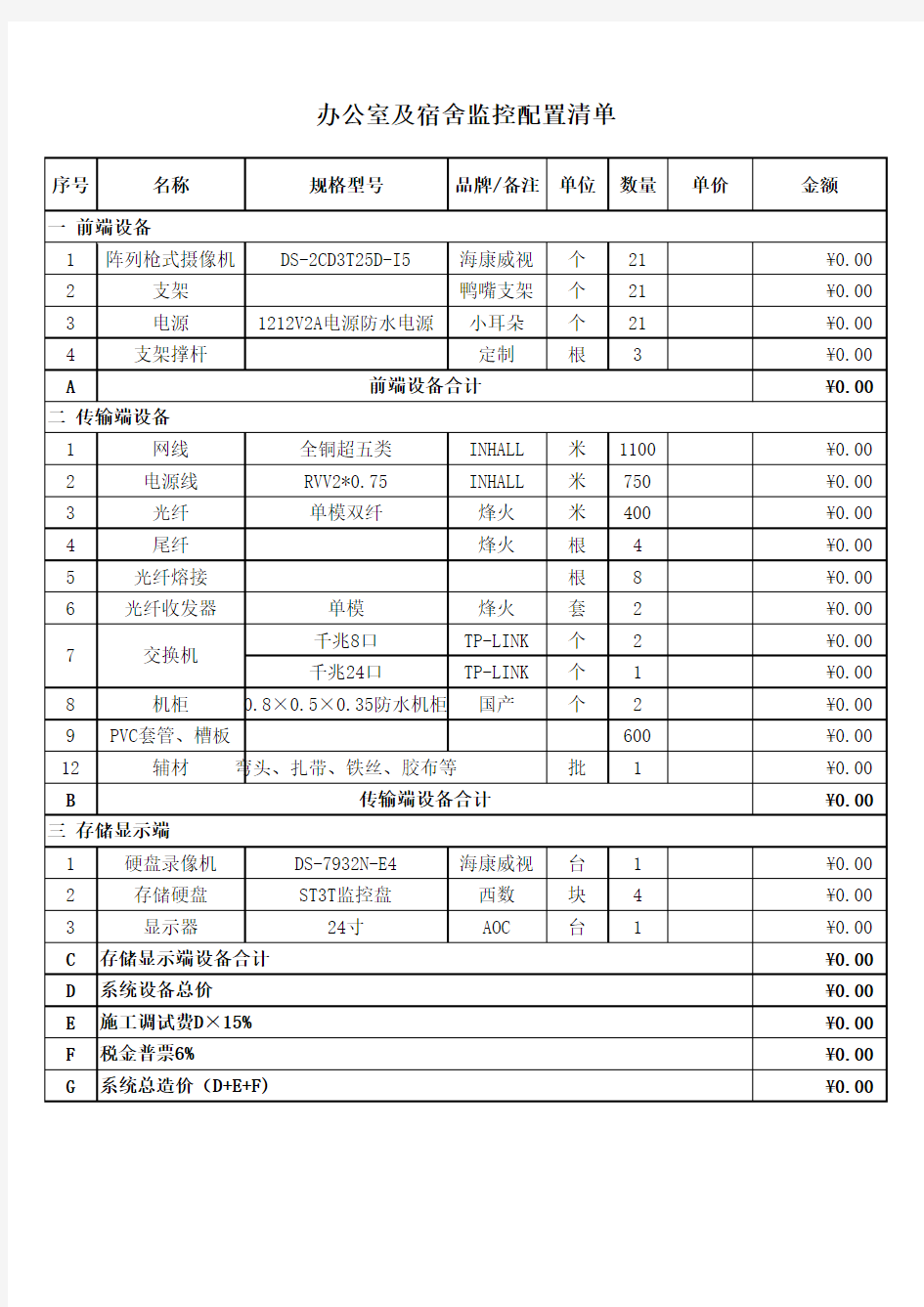 安防监控报价清单