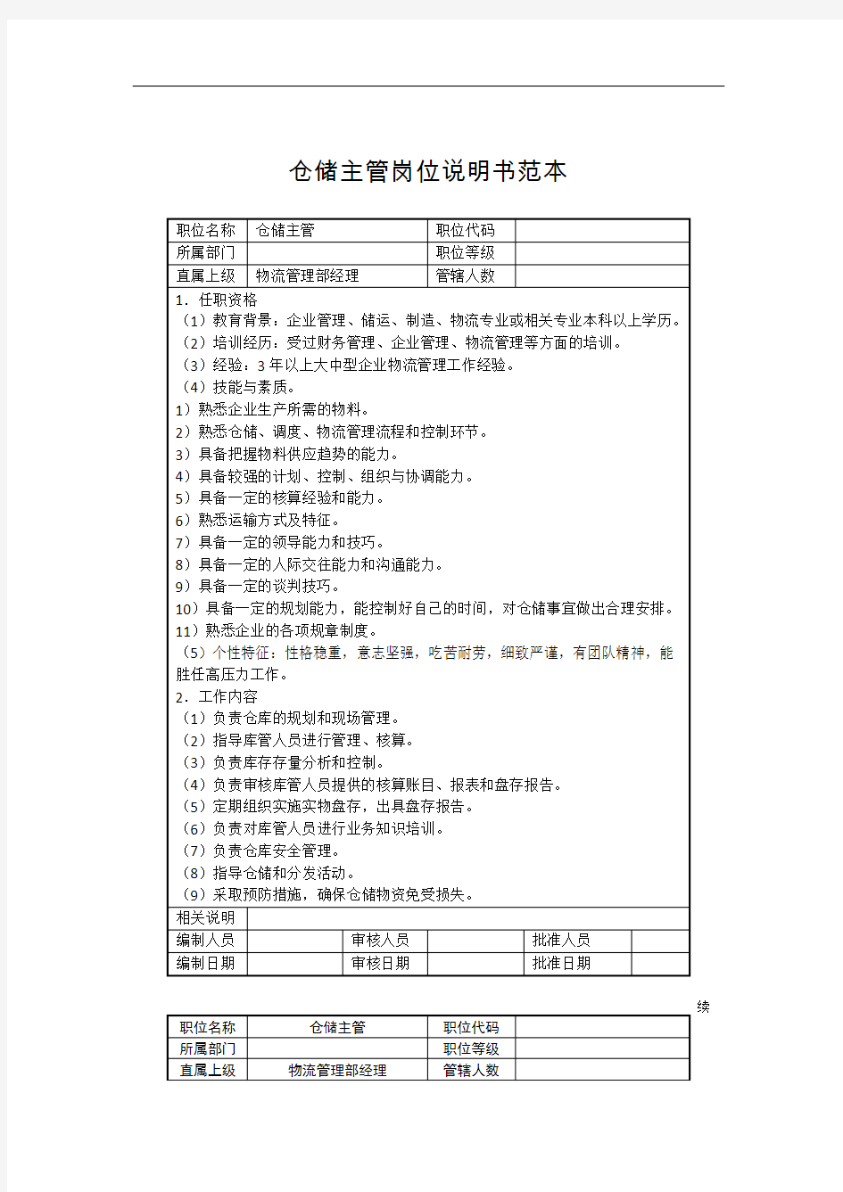 仓储主管岗位说明书范本