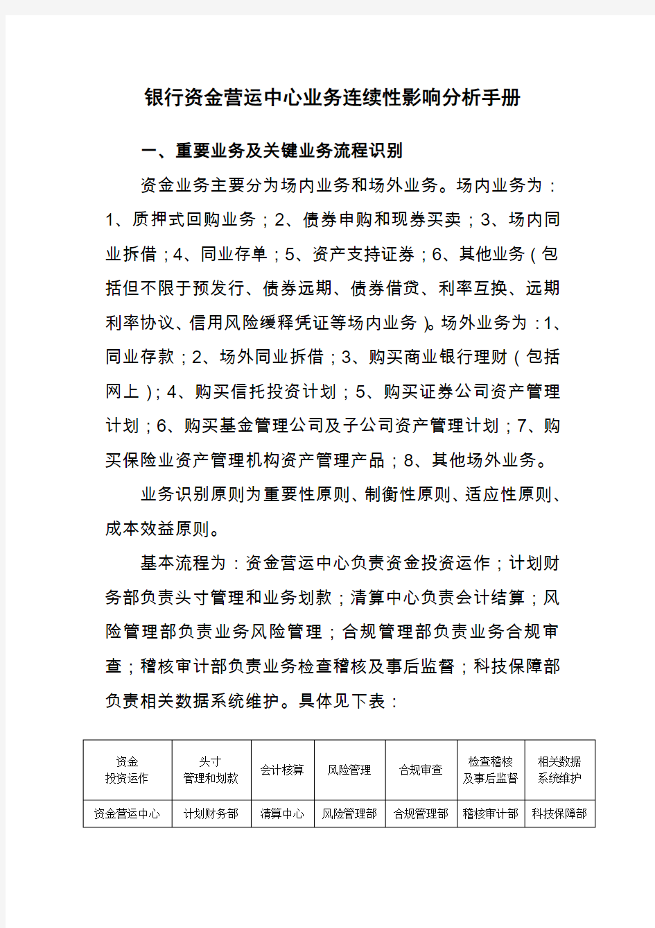 银行资金营运中心业务连续性影响分析手册